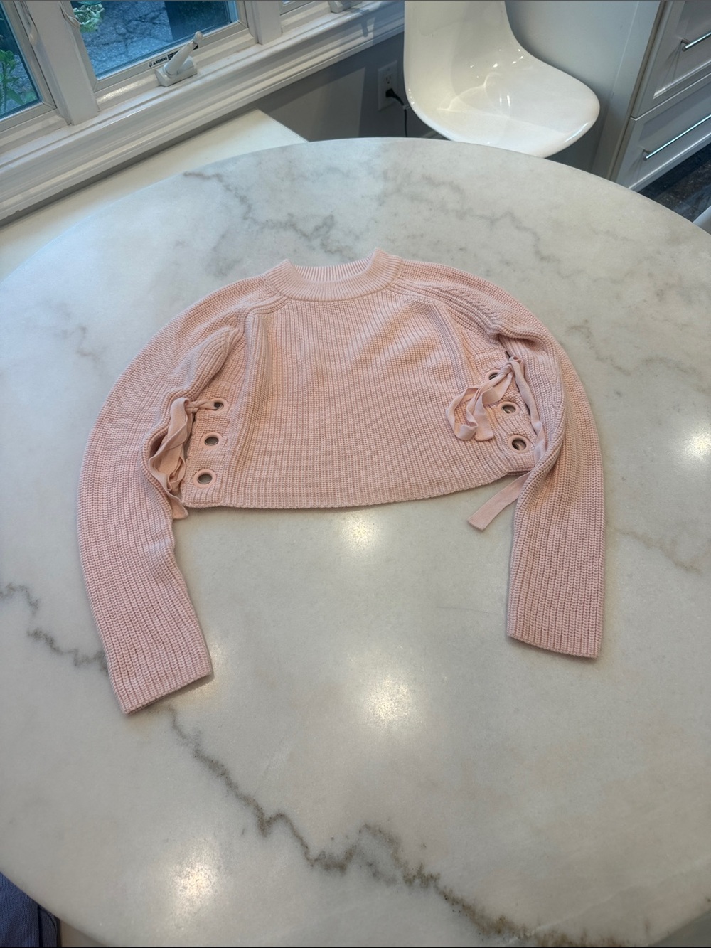Endless Rose Blush Ribbed side Lace-Up Crop Sweater